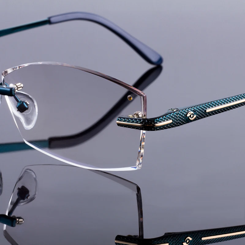 Ljubek Moški Modni Titanove Zlitine Optični Okvir Diamond Obrezovanje Cut Rimless Očala Z Načrtom Gradient Odtenek Leče