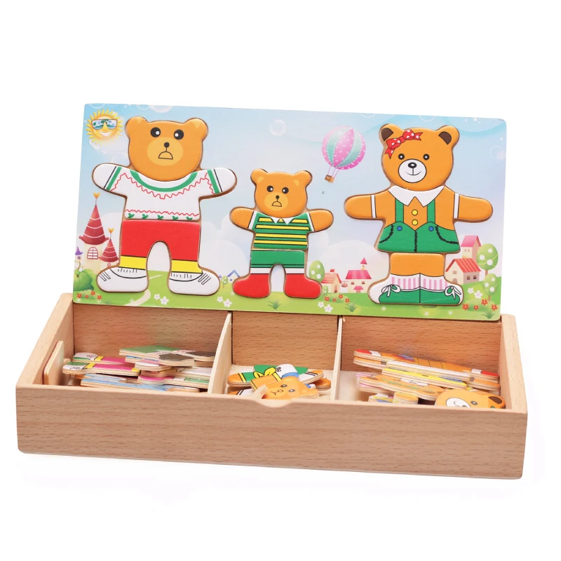Logwood Otroška igrača Komplet Dojenček Izobraževalne Tabela igro Bear Menjava Obleke Oblačenje, lesene Sestavljanke Uganke, Lesene Igrače za Otroke