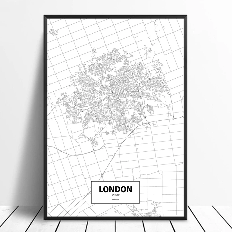 London, Ontario, Kanada Črna Bela Meri Svetovni Zemljevid Mesta Plakat Platno, Tisk Skandinavski Slog Wall Art Dom Dekor