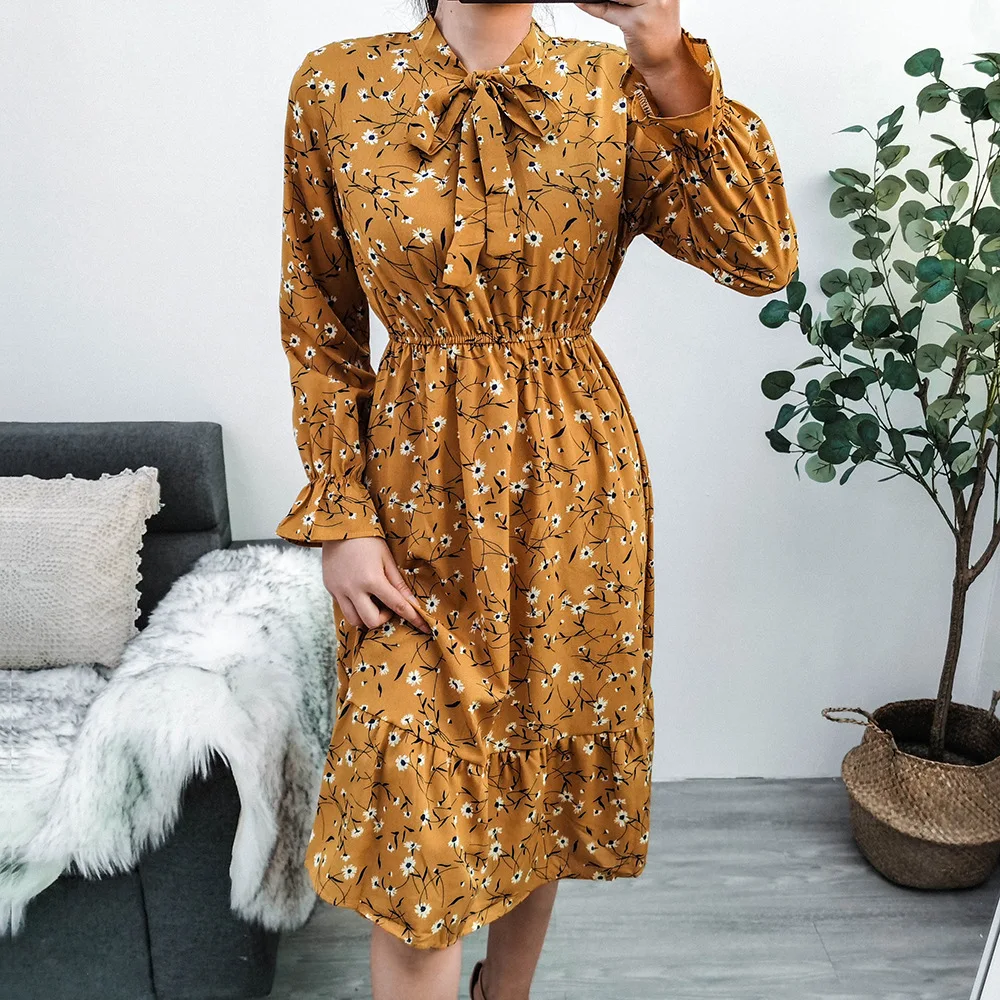 Long sleeve vintage ženska obleka oblačila Jesensko Zimske seksi Priložnostne boho stranka Dolgo rumeno cvetlični ruffle obleke za ženske do leta 2020