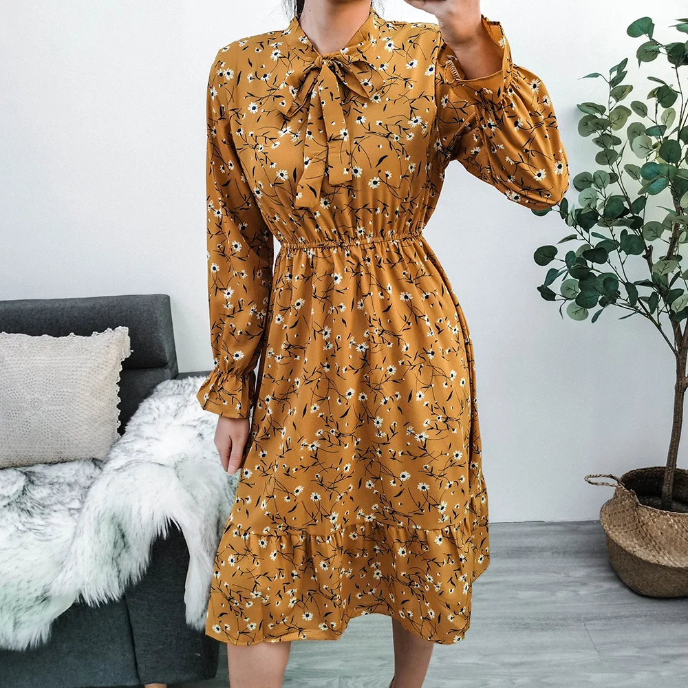 Long sleeve vintage ženska obleka oblačila Jesensko Zimske seksi Priložnostne boho stranka Dolgo rumeno cvetlični ruffle obleke za ženske do leta 2020