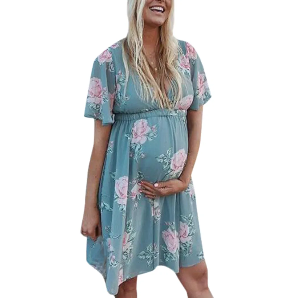 LONSANT Porodniškega obleko Cvetlični vzorec, Kratka Sleeved Noseče ženske Obleke cvetlični Oblačil Žensk Pregnants krila spusti ladje nova