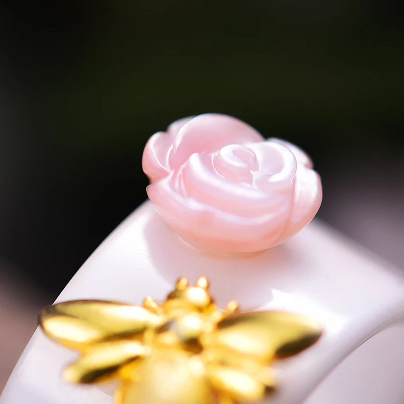 Lotus Igri Trenutek Pravi 925 Sterling Srebrni Modni Nakit Naravnih Pink Shell Rose Cvet Obroči Čebel Keramični Obroč Za Ženske Bijoux