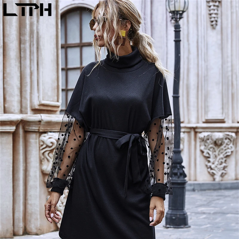 LTPH 2020 prišlekov Jeseni Pika očesa Preplete Puff Rokavi ženske obleke pozimi Urad Dama temperament Slim malo črne obleke