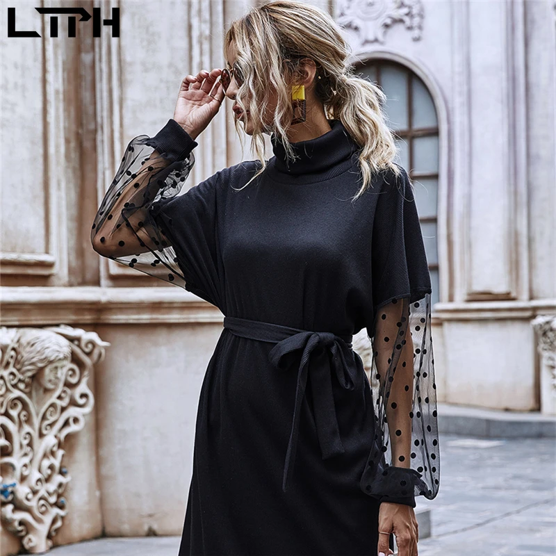 LTPH 2020 prišlekov Jeseni Pika očesa Preplete Puff Rokavi ženske obleke pozimi Urad Dama temperament Slim malo črne obleke
