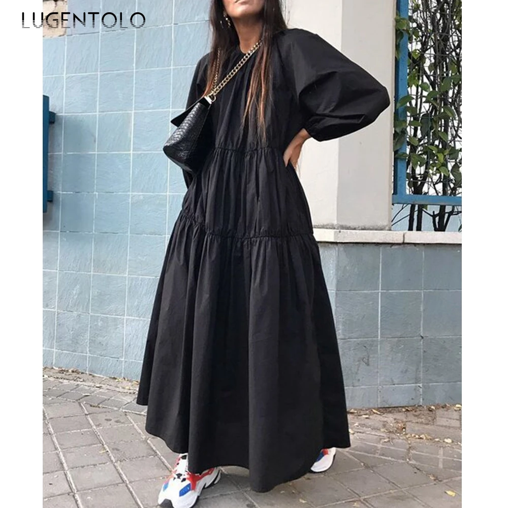 Lugentolo Obleko Maxi Plus Velikost Ženske Barva Velikem Zamahu Dolgimi Rokavi, Okoli Vratu, Ohlapno Priložnostne Tla-Dolžina Jeseni Nove Obleke