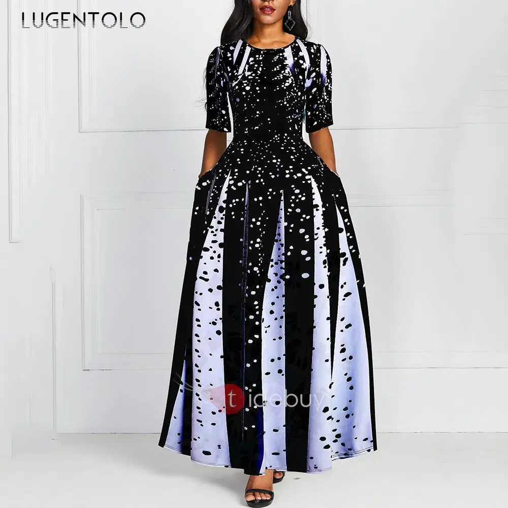 Lugentolo Plus Velikost Obleka Ženske Dolge Digitalni Tisk Tričetrt Rokav O-Vratu Visoko Pasu A-Line Ženska Poletna Obleka