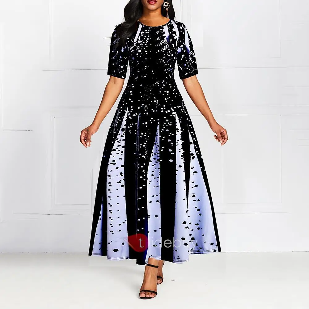 Lugentolo Plus Velikost Obleka Ženske Dolge Digitalni Tisk Tričetrt Rokav O-Vratu Visoko Pasu A-Line Ženska Poletna Obleka