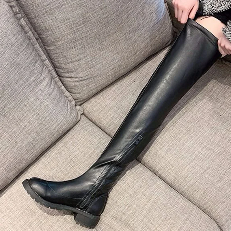 Luksuzne blagovne znamke trdnih črni škornji z visoko stegno gospa jesen klasični športni copati ženske obutev plus velikost 35-43