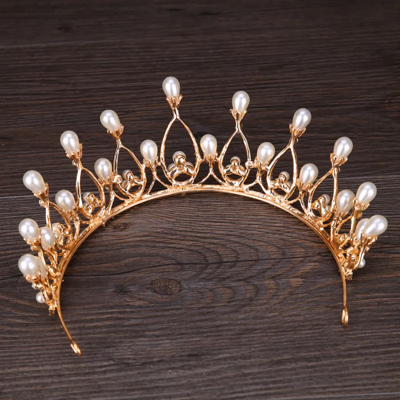 Luksuzni Golden Crown Princess Party Pearl Nosorogovo Tiaras Poročni Dodatki Za Lase Poročne Headdress Glavo Nakit Dodatki