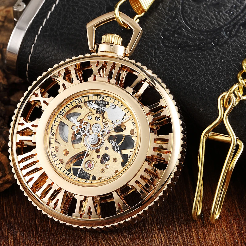Luksuzni Mehanske Ure Votlih Roman Izbiranje Steampunk Golden Vintage Strani Veter Mehanska ura z FOB Verige Moški Ženska Ura