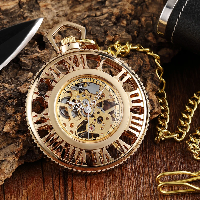 Luksuzni Mehanske Ure Votlih Roman Izbiranje Steampunk Golden Vintage Strani Veter Mehanska ura z FOB Verige Moški Ženska Ura