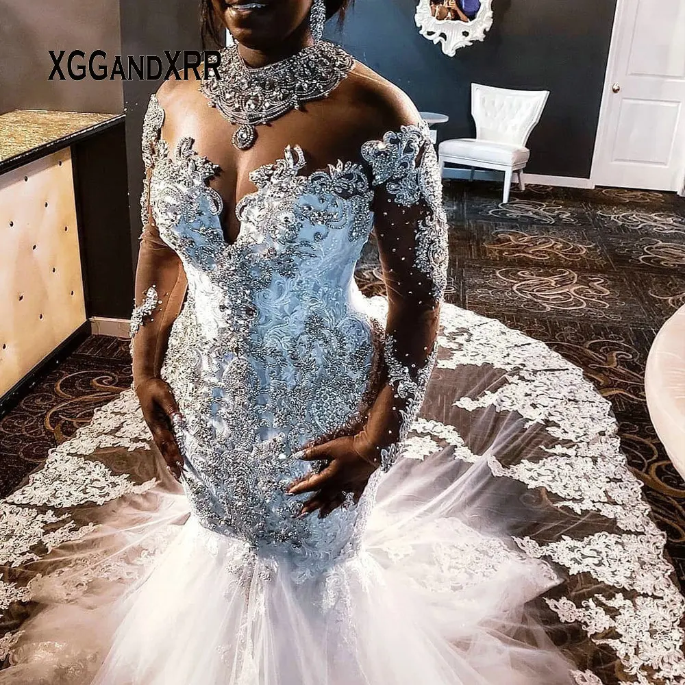 Luksuzni Memaid Poročno Obleko 2020 Visoko Vratu Beading Kristalno Čipke Aplicirano Dolgo Royal Train Afriško Črno Poročne Obleke Plus Velikost
