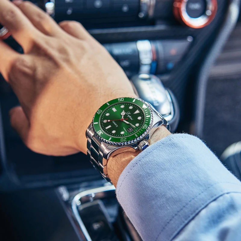 Luksuzni Moške Gledajo iz Nerjavečega Jekla Vodotesna Ura Quartz Moška Koledar Modni Ročne ure Šport Zeleni gumb za Izbiranje Watch Reloj Hombr