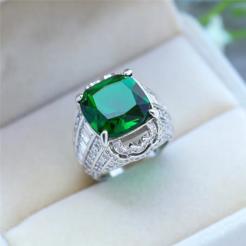 Luksuzni Moški Ženske Veliki Zeleni Kamen Ring Crystal Srebrne Barve Veliki Poročni Prstani Lepe Obljube Solitaire Cirkon Zaročni Prstan