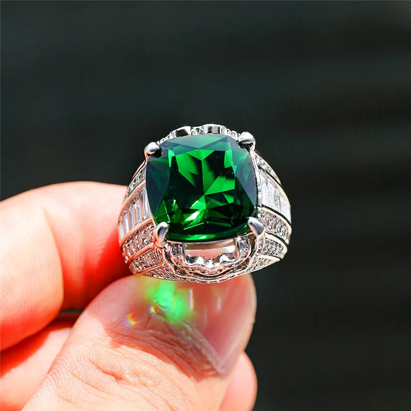 Luksuzni Moški Ženske Veliki Zeleni Kamen Ring Crystal Srebrne Barve Veliki Poročni Prstani Lepe Obljube Solitaire Cirkon Zaročni Prstan
