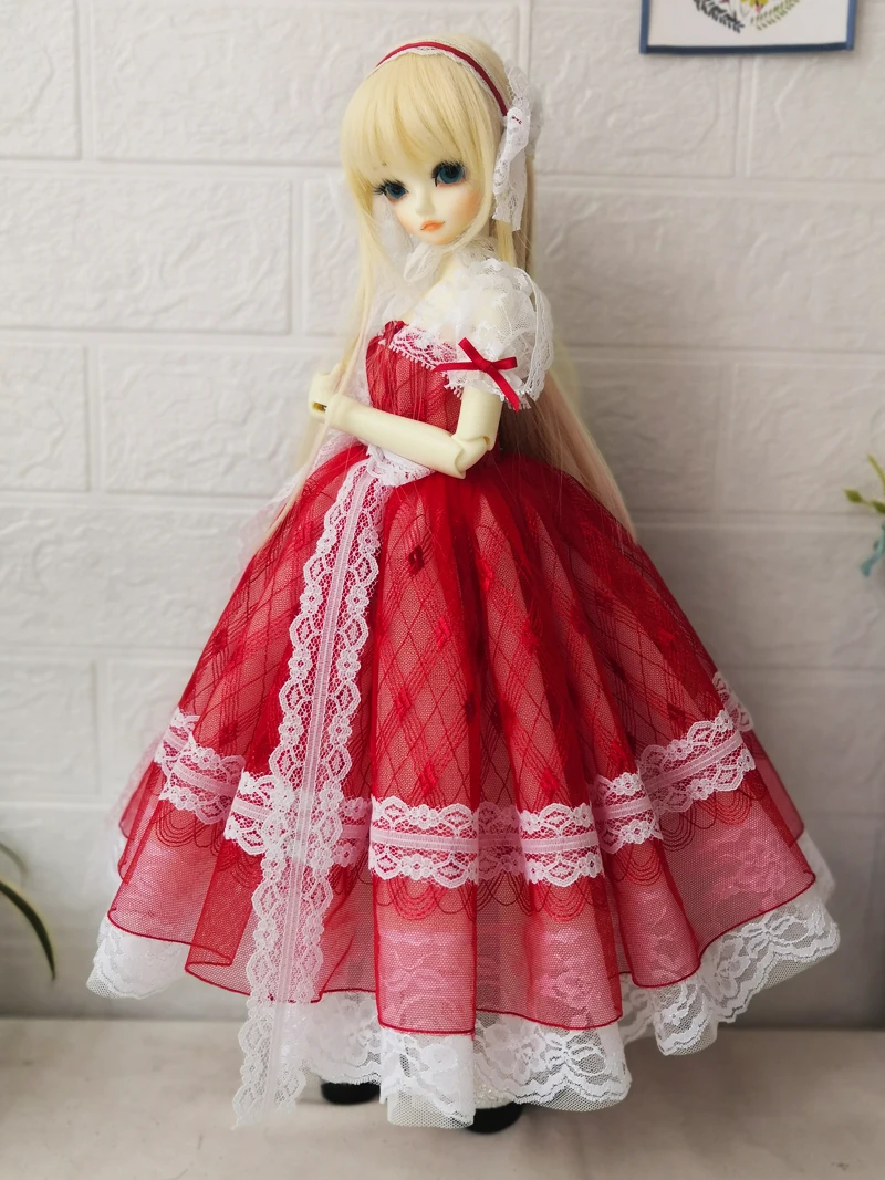 Lutka obleko 1/4 bjd obleko čipke rdeče barve obleko za 1/4 BJD SD MDD lutka pribor punčko oblačila