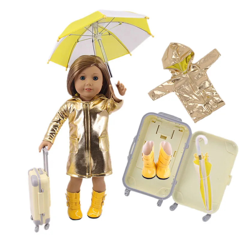 Lutka Pribor, ki se Uporablja Za 43 cm Prerojeni Baby Doll In 18-palčna Ameriški Lutka, 1 set = dežnik + dežni Plašč + Dež Čevlji + Kovček