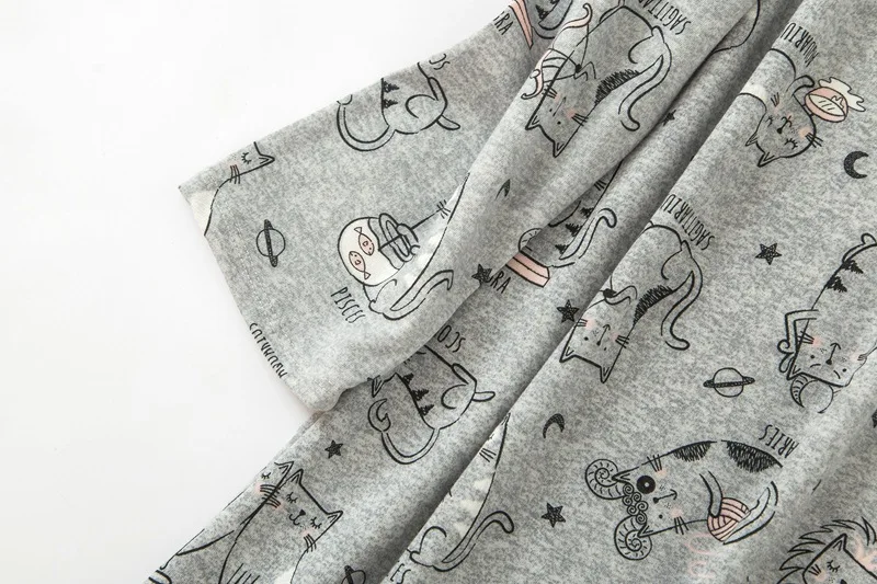 Luštna mačka tiskanja siva nightgown za ženske big velikost srčkan domov nositi oblačila z dolgimi rokavi jeseni sleepwear