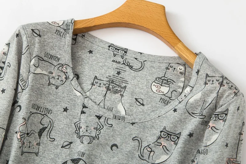 Luštna mačka tiskanja siva nightgown za ženske big velikost srčkan domov nositi oblačila z dolgimi rokavi jeseni sleepwear