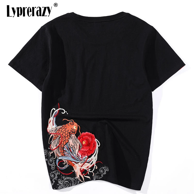 Lyprerazy Mens Hip Hop Kitajski Slog Vezenje Koi Rib Moški Majica s kratkimi rokavi Poletje Moda Kratek Rokav Tee majica