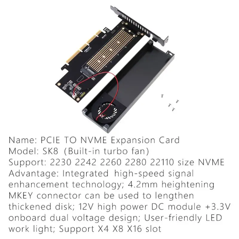 M. 2 NVMe Adapter za PCIE3.0 GEN3 M. 3 Vgrajen Turbo Ventilator za 2230-22110 NVME Kartico