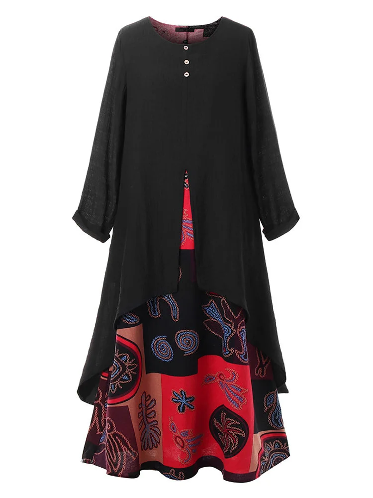 M-5XL Plus Velikost Obleka Ženske Poletje Long Sleeve Vintage Tiskanje Mozaik Elegantno Obleko Bombaž In Lan Maxi Dolge Obleke