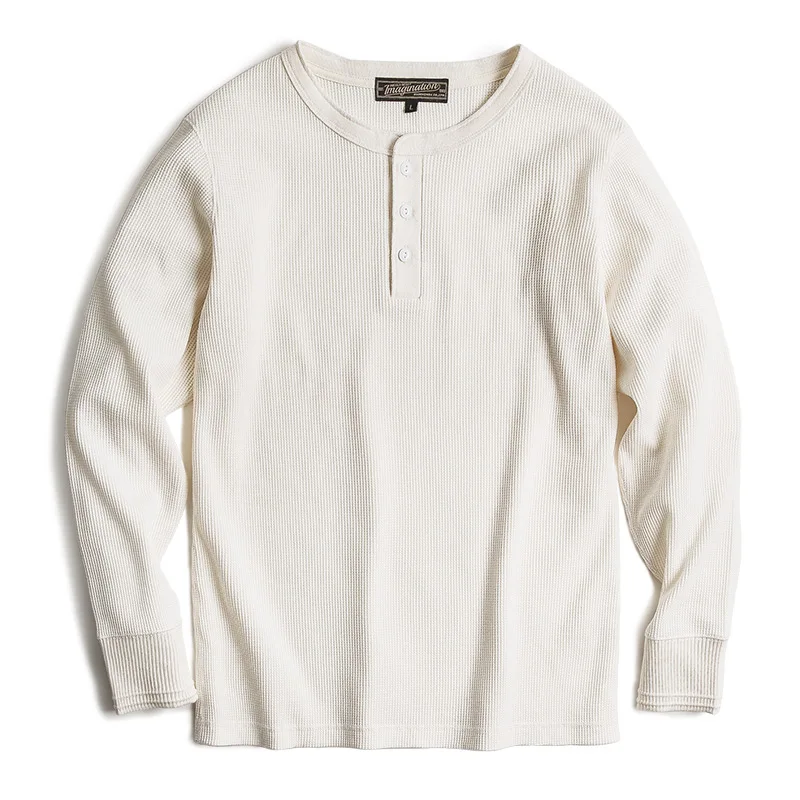 MADEN moških redno fit dolgimi rokavi pulover vaflji bombaž Henry t-shirt smetana bela sweater moški