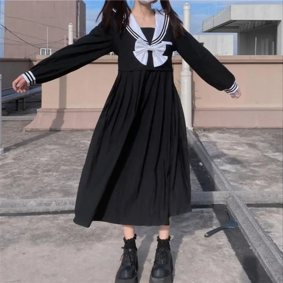 MAGOGO Mornarice Ovratnik Črna Obleka Ženska Novi korejski Dolg Rokav Svoboden Pasu Japonski Šoli Slog Dolgo Obleko