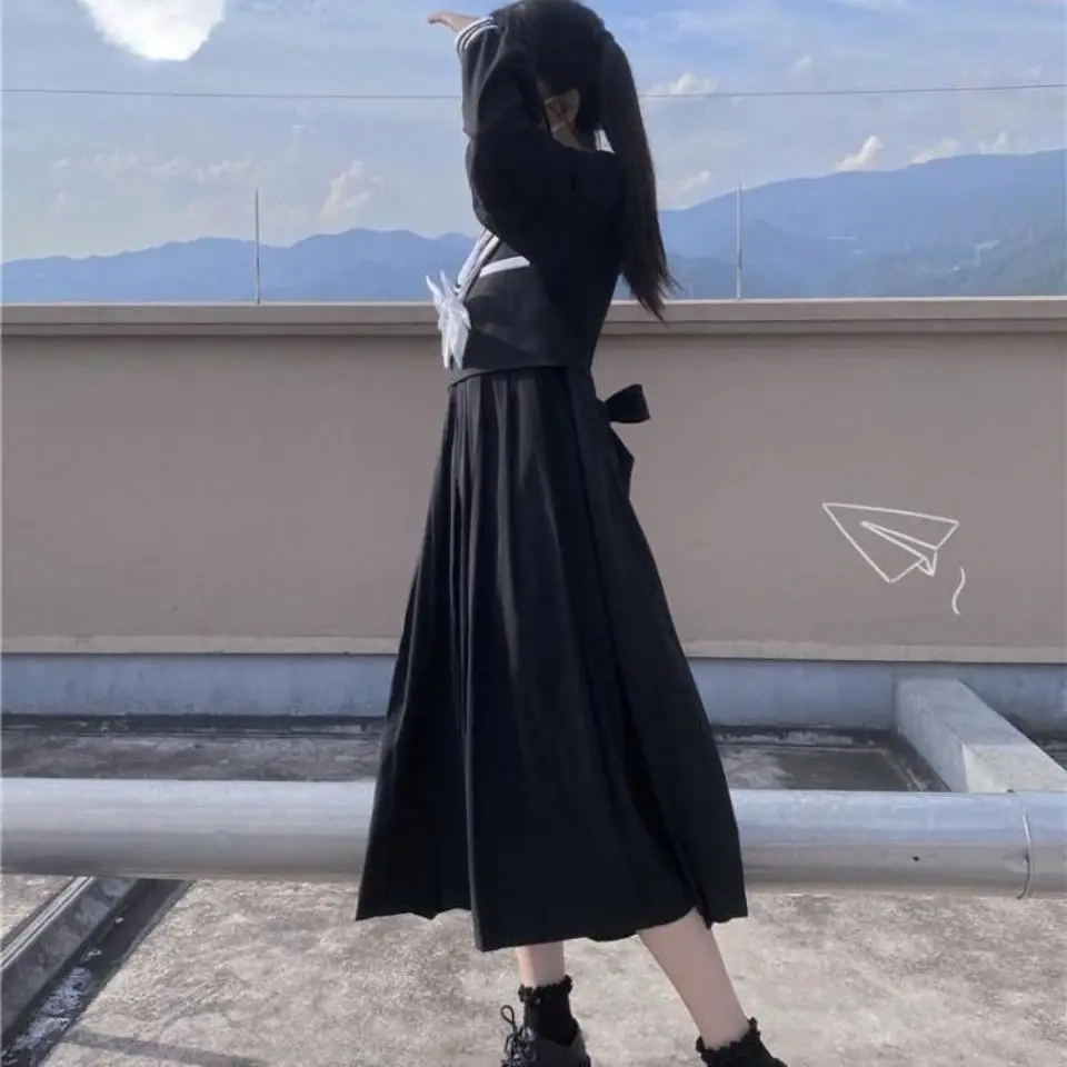 MAGOGO Mornarice Ovratnik Črna Obleka Ženska Novi korejski Dolg Rokav Svoboden Pasu Japonski Šoli Slog Dolgo Obleko