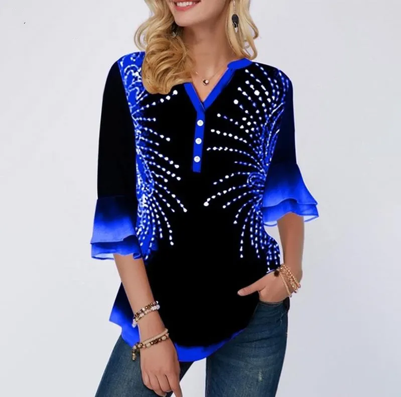 Majica Bluzo Ženske Plus velikost 5xl Enotni-zapenjanje Tiskanja Položaju, Modra Proti-vrat Sežgati Rokav Vrhovi Ženska Majica Svoboden Dame Majica