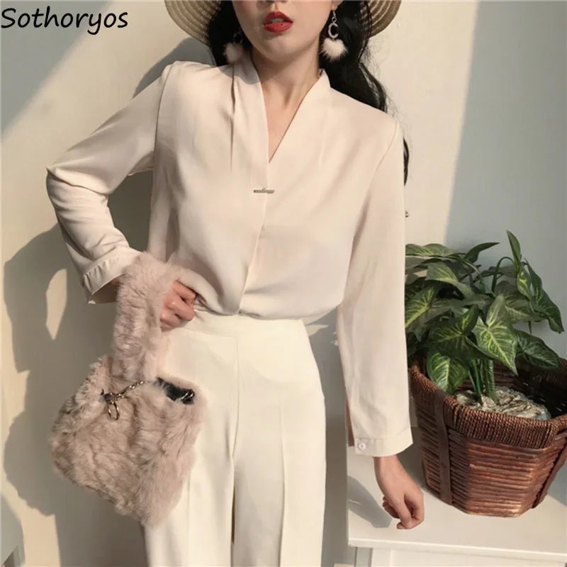 Majice za Ženske do leta 2020 Long Sleeve Solid Proti-Vrat Ženska korejski Slog Preprost Elegantna Modna Vse-tekmo Ženske Prosti čas Svoboden Elegantna Bluze