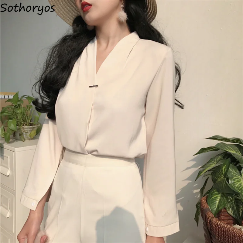 Majice za Ženske do leta 2020 Long Sleeve Solid Proti-Vrat Ženska korejski Slog Preprost Elegantna Modna Vse-tekmo Ženske Prosti čas Svoboden Elegantna Bluze
