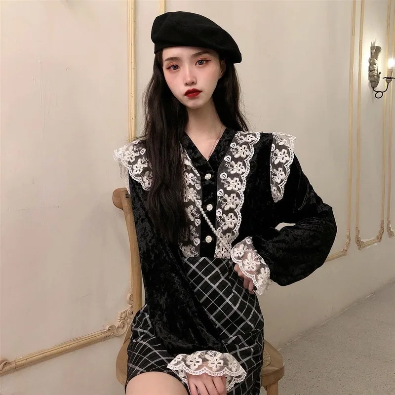 Majice Ženske Proti-Vrat Flare Rokav Mozaik francoski Retro Priložnostne Vse-tekmo korejski Slog Ženske Bluze Jeseni Stilsko Temperament