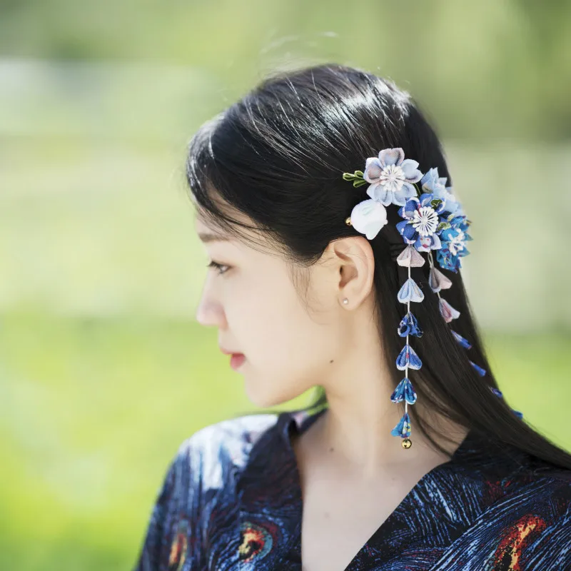 Mala Sveže Sakura Rese Kimono Hanfu Headdress Tsumami zaiku Cosplay Srčkan Zajec Ostra Modre Lase Posnetek Pribor Gejša