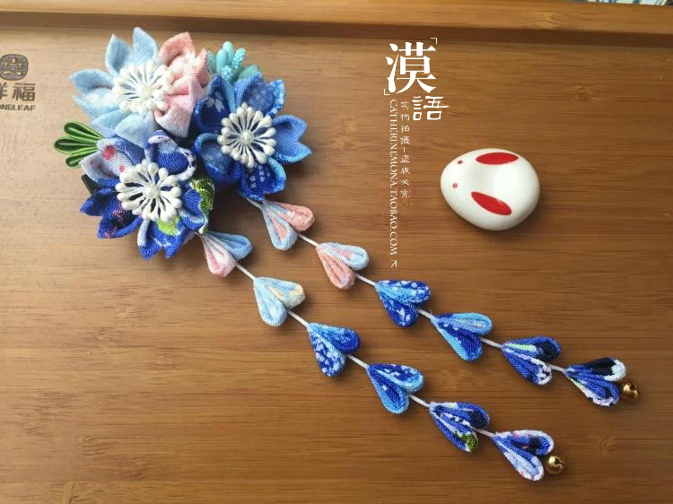 Mala Sveže Sakura Rese Kimono Hanfu Headdress Tsumami zaiku Cosplay Srčkan Zajec Ostra Modre Lase Posnetek Pribor Gejša