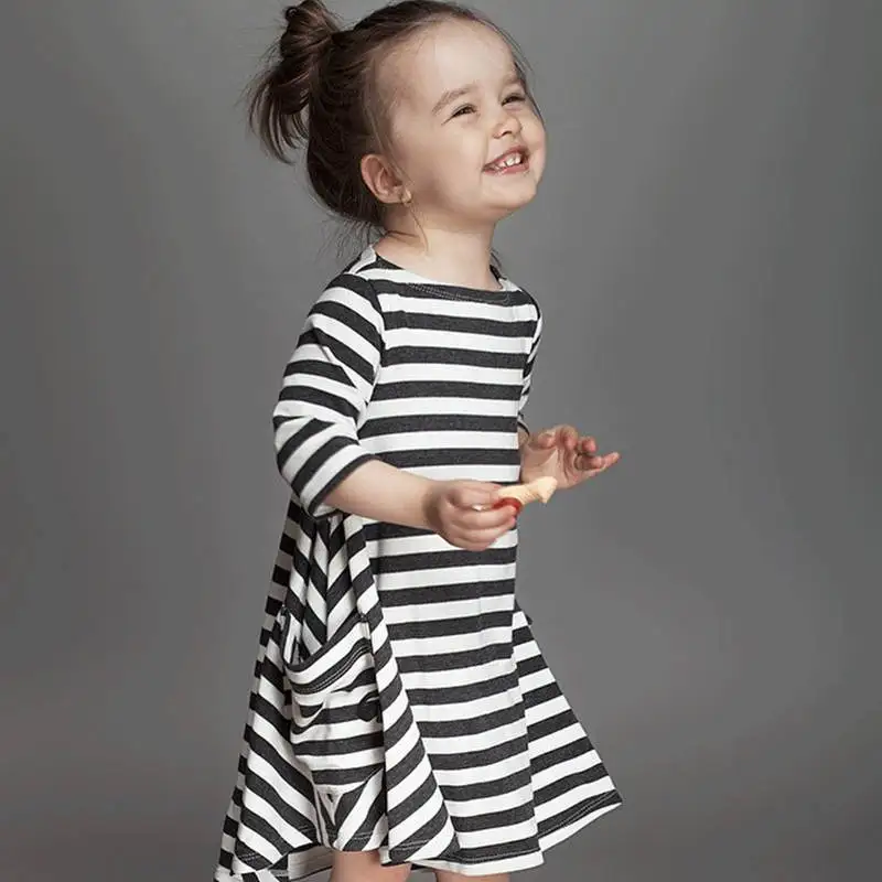 Malayu Baby Dekleta Oblačenja 2021 Nove Jesensko Otrok Princesa Obleko Prugasta Žep Luštna Punca Vestidos 2-8 Let Dekliška Oblačila