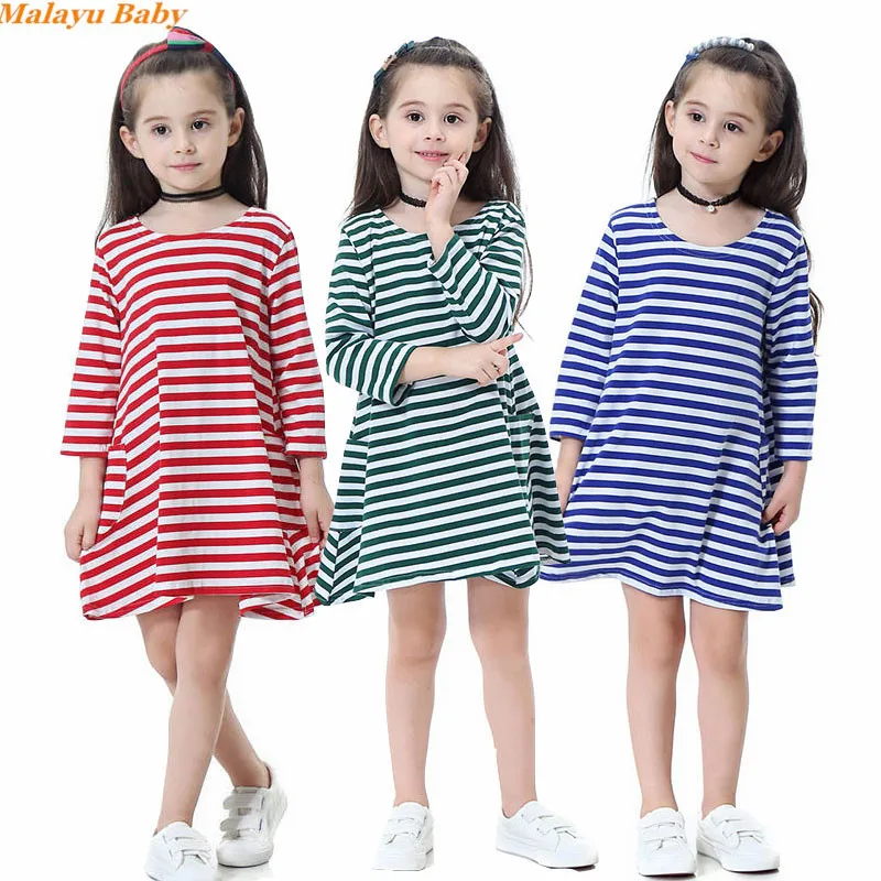 Malayu Baby Dekleta Oblačenja 2021 Nove Jesensko Otrok Princesa Obleko Prugasta Žep Luštna Punca Vestidos 2-8 Let Dekliška Oblačila