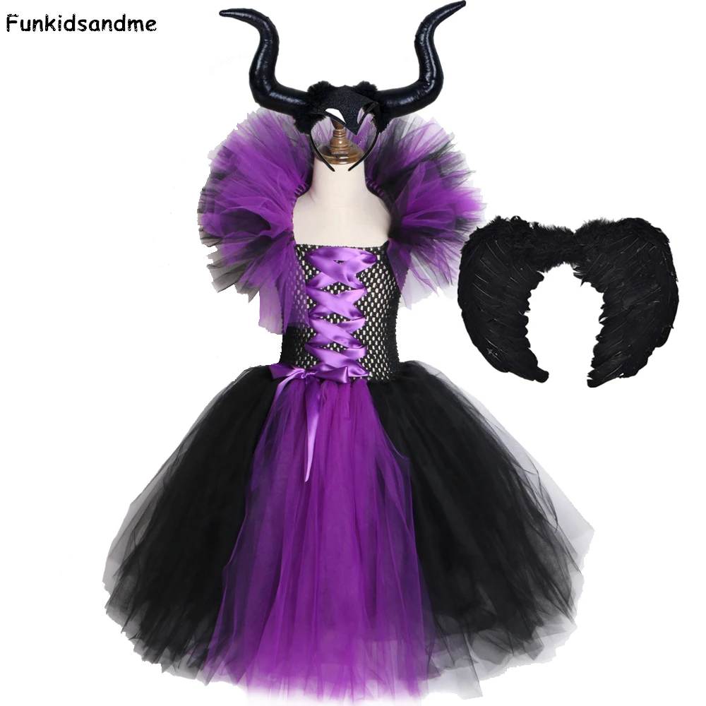 Maleficent Tutu Obleko z Rogovi Krilo, mačehe Dekleta pustna Karnevala Stranka Oblek za Otroke Halloween Cosplay Čarovnice Kostum