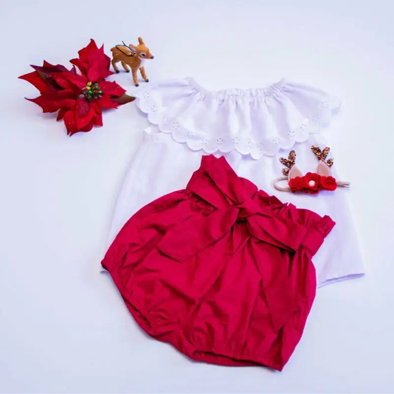 Malčka Baby Dekle, Fant Čipke Kratek Rokav Vrhovi + Rdeče Hlače Hlače Poletne Obleke Oblačila, Ki 2020 Nova Moda