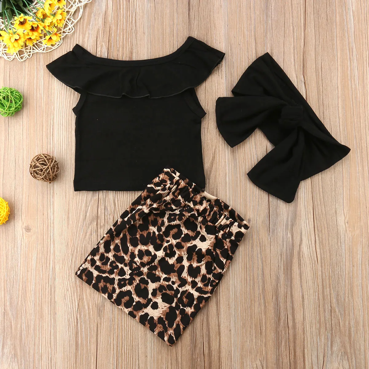 Malčka Baby Girl Obleke Obleke T-shirt Vrhovi+Leopard Tulec Krilo S +Glavo 3Pcs Set