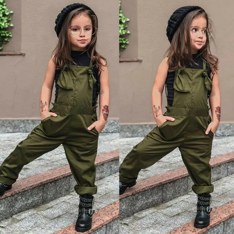 Malčka Otroci Baby Dekle sleeveelss ArmyGreen Jumpsuit črn telovnik vrh Suspender Romper 2 kos splošno Obleke, Oblačila, ki