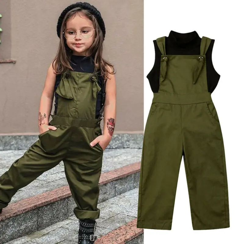 Malčka Otroci Baby Dekle sleeveelss ArmyGreen Jumpsuit črn telovnik vrh Suspender Romper 2 kos splošno Obleke, Oblačila, ki