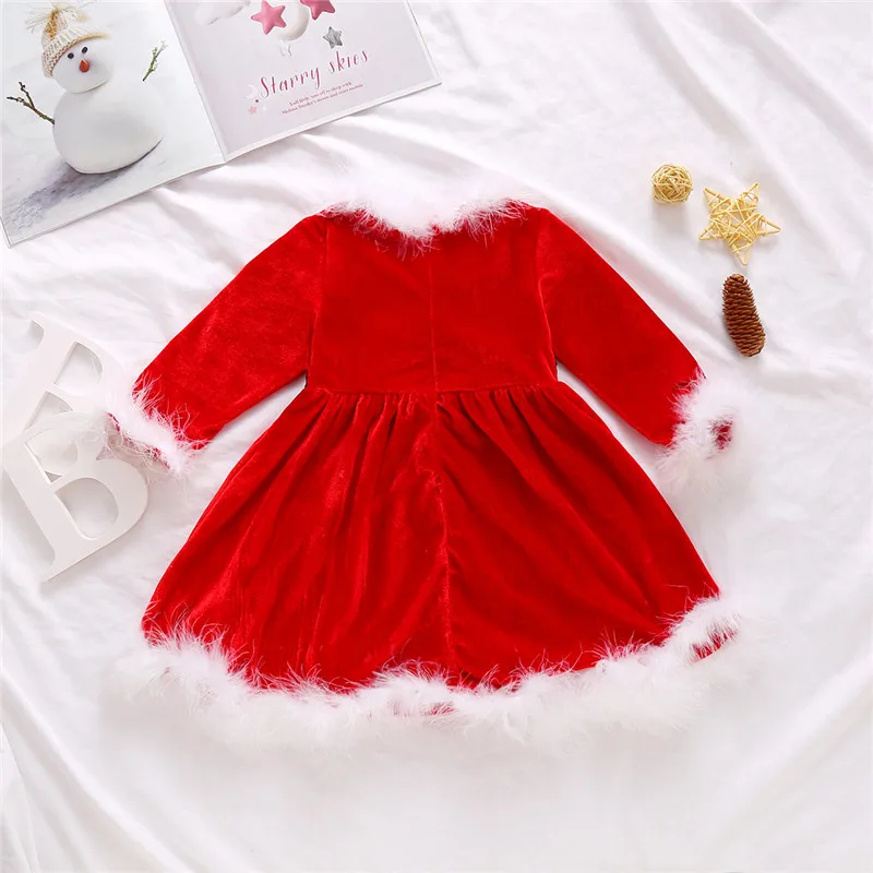 Malčka Otroci Runo Božič Obleko Obleke Rdeče O Vratu Dolg Rokav Visoko Pasu Line Obleko Dekliška Oblačila