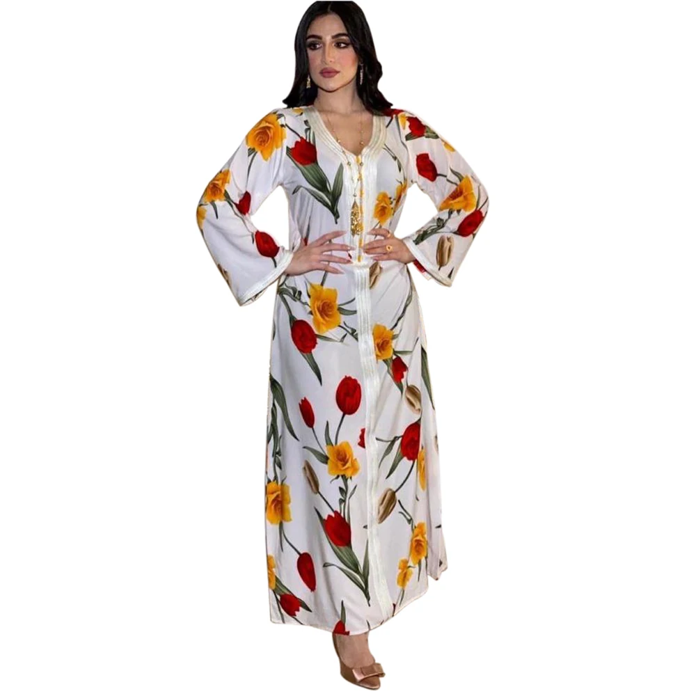 Maroški tam kaftan Etnične Maxi obleke za Ženske Muslimani V Vratu Traku Dolg Rokav Abaya Obleke Bele Dubaj Turčija arabski Oblačila