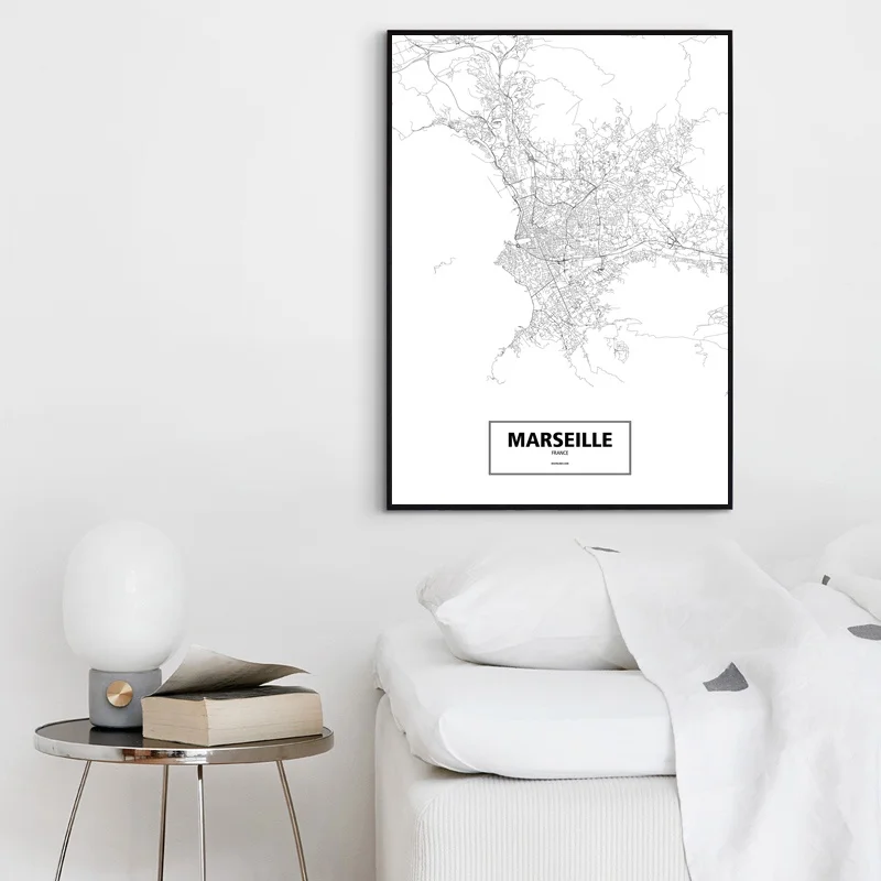 Marseille, Francija Črno Bel Meri Svetovni Zemljevid Mesta Plakat Platno, Tisk Skandinavski Slog Wall Art Dom Dekor