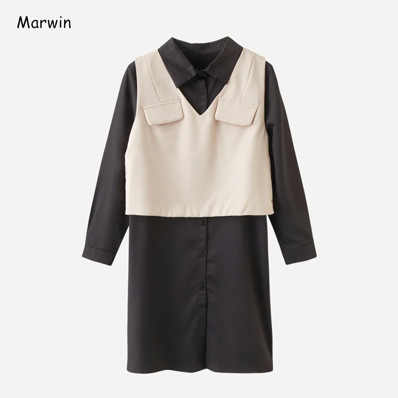 Marwin Novo-Prihaja Pomlad Svoboden Polno Sleeve Solid Telovnik Obleke High Street Style Kvadratnih Ovratnik Mid-Tele Dolžina Ženske Obleke