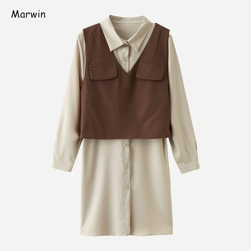Marwin Novo-Prihaja Pomlad Svoboden Polno Sleeve Solid Telovnik Obleke High Street Style Kvadratnih Ovratnik Mid-Tele Dolžina Ženske Obleke