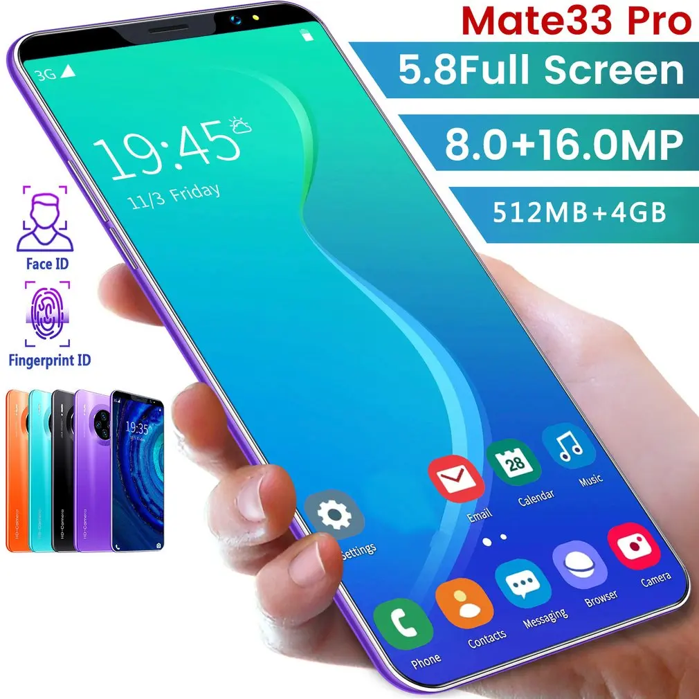 Mate33 Pro Pametni Izpolnjeni 512M + 4GB za 5,8 Palca Scherm Ondersteuning Gezicht/Vingerafdruk Odklepanje Dual Sim mobiele Telefoons