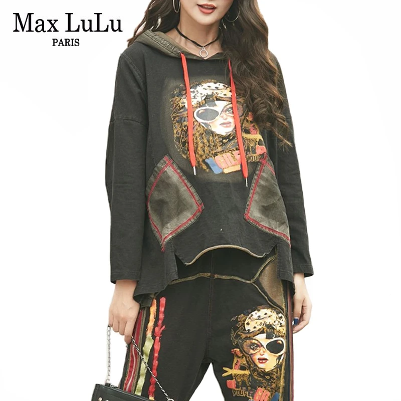 Max LuLu 2020 Moda Korejski Pomlad Gospe 2 Kos Določa Vrhovi In Hlače Ženske Letnik Hooded Denim Natisnjeni Trenirko Klub Obleke